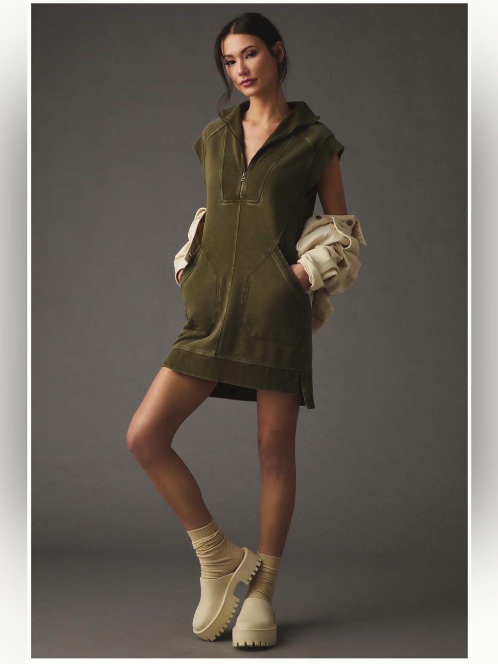 Daily Practice by Anthropologie Meru Zip-Front Sweatshirt Mini Dress Large Olive